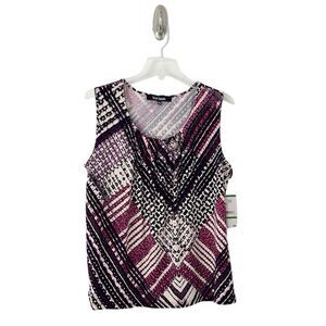 Le Suit Plum Purple, Off White and Black Geometric Pattern Tank Blouse Size L